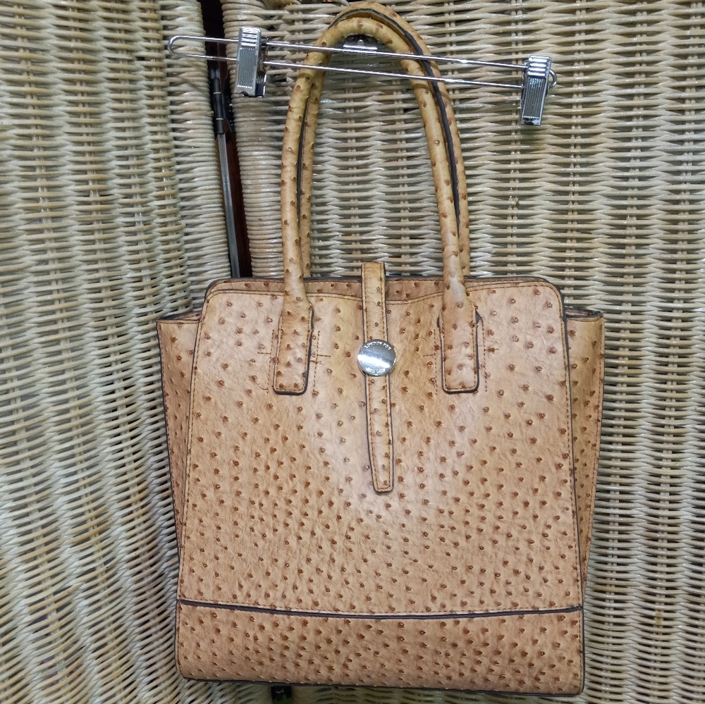 London Fog Ostrich Purse, Tote Handbag Tan Leather Carry-On